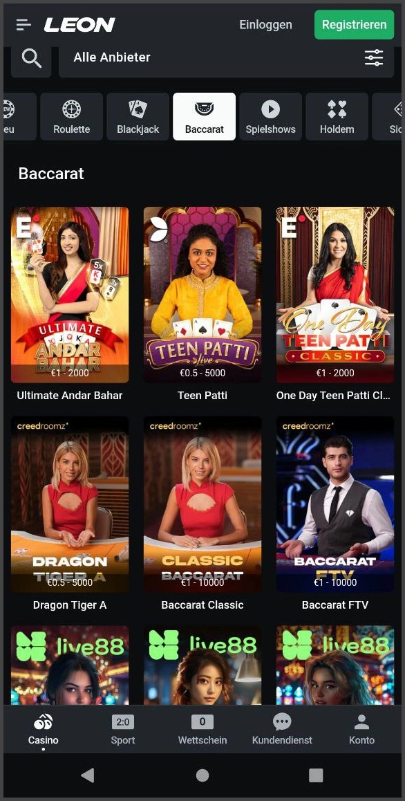 Baccarat-Tische mit hohen Auszahlungsraten bei Leon Casino