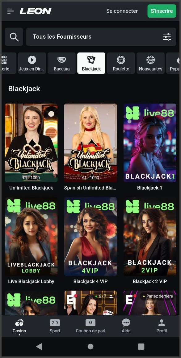 Jouez au blackjack en direct via le navigateur sur Leon Casino