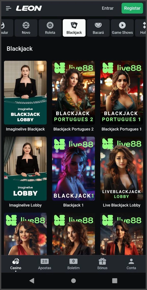Jogue blackjack ao vivo direto no navegador no Leon Casino