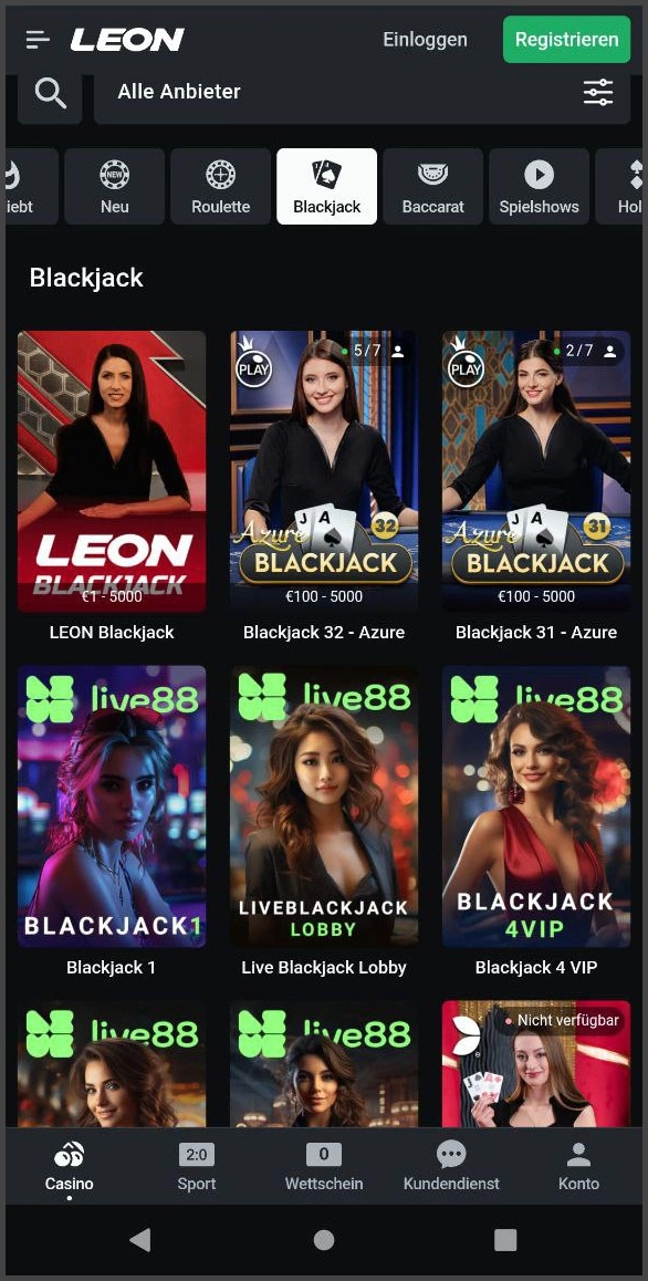 Live-Blackjack im Browser bei Leon Casino spielen