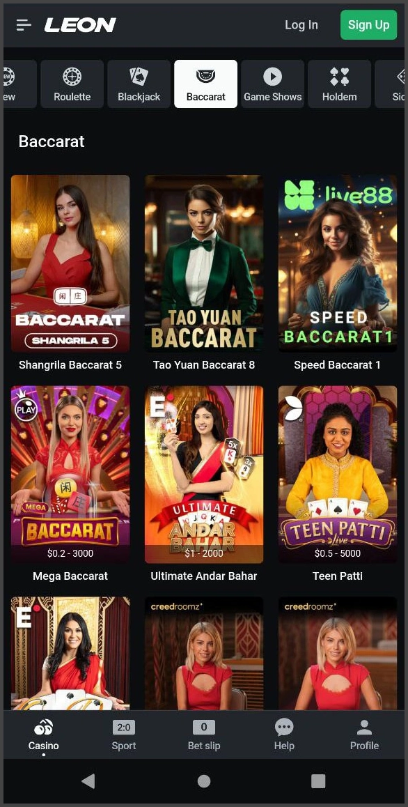 Live baccarat at Leon Casino