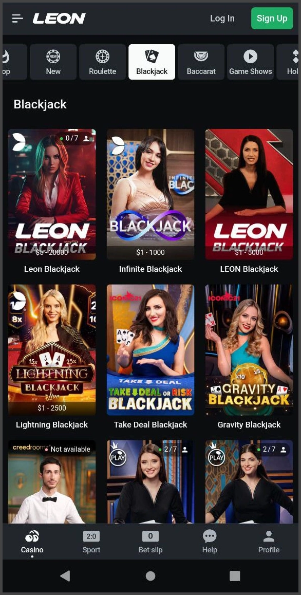Play blackjack live and directly in the browser at Leon Casino