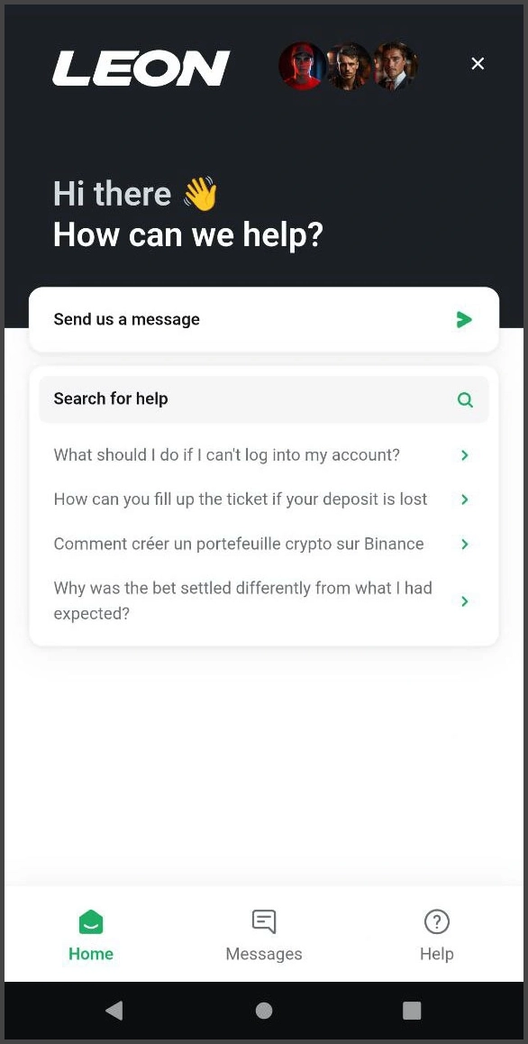 Contact options for support enquiries at Leon Casino