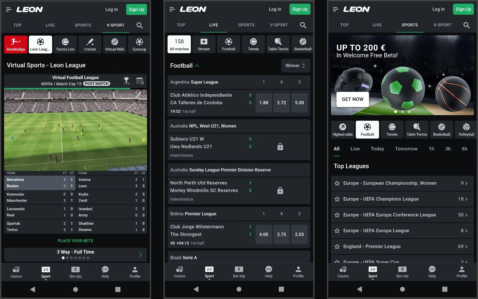 Real-time live betting on sports events at Leon Casino
