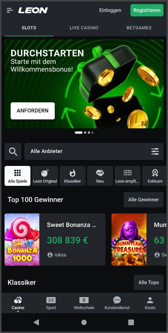 Übersicht der Leon Casino - Hauptseite