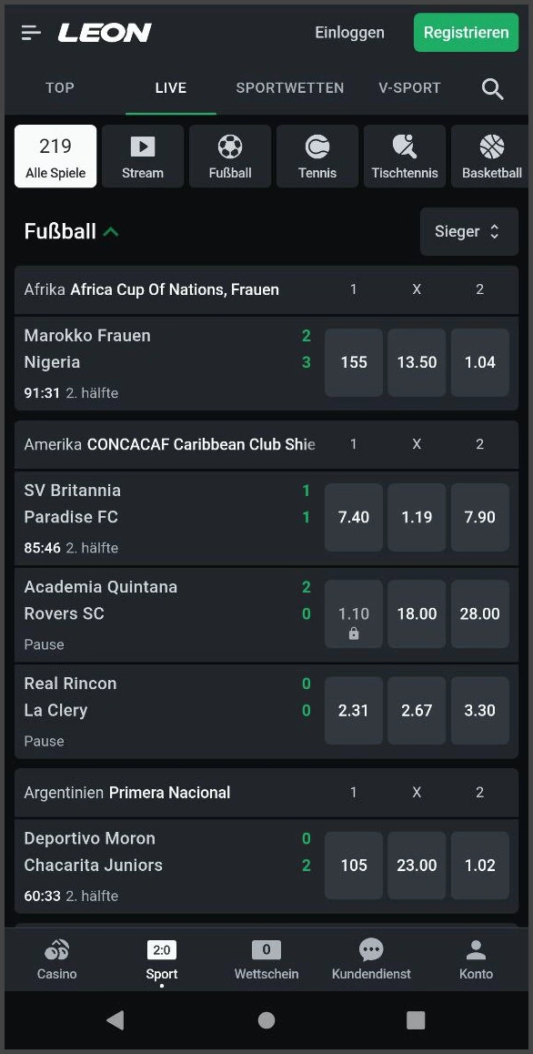 Live-Wetten bei Leon Casino