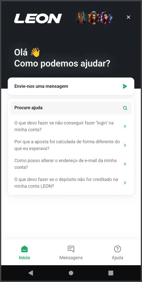 Opções de contato para atendimento no Leon Casino