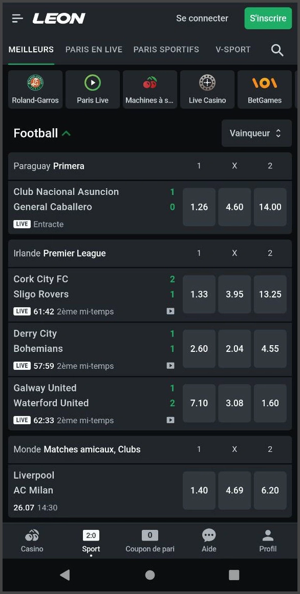 Paris sportifs avant match facilités chez Leon Casino