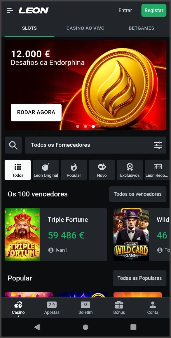 Visão geral compacta das principais seções do Leon Casino